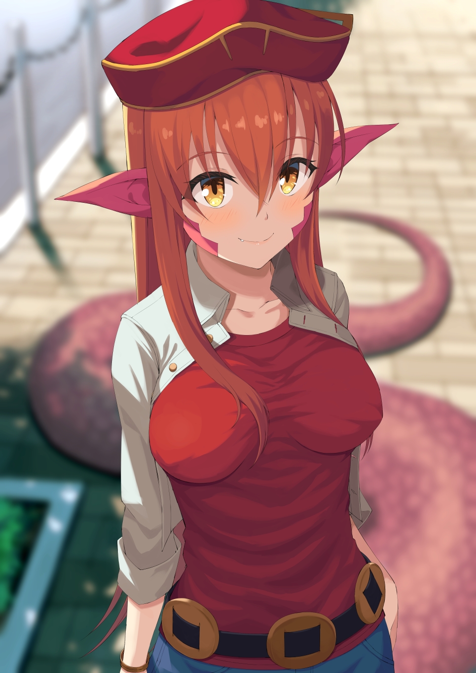 1girl atsuyah0310 bangs belt blurry blurry_background blush bracelet closed_mouth collarbone covered_nipples eyebrows_visible_through_hair fang fang_out ground hair_between_eyes hair_ornament hairclip hat highres jacket jewelry lamia long_hair looking_at_viewer miia_(monster_musume) monster_girl monster_musume_no_iru_nichijou outdoors pointy_ears red_shirt redhead scales shirt sidelocks skirt smile solo tail taut_clothes taut_shirt yellow_eyes