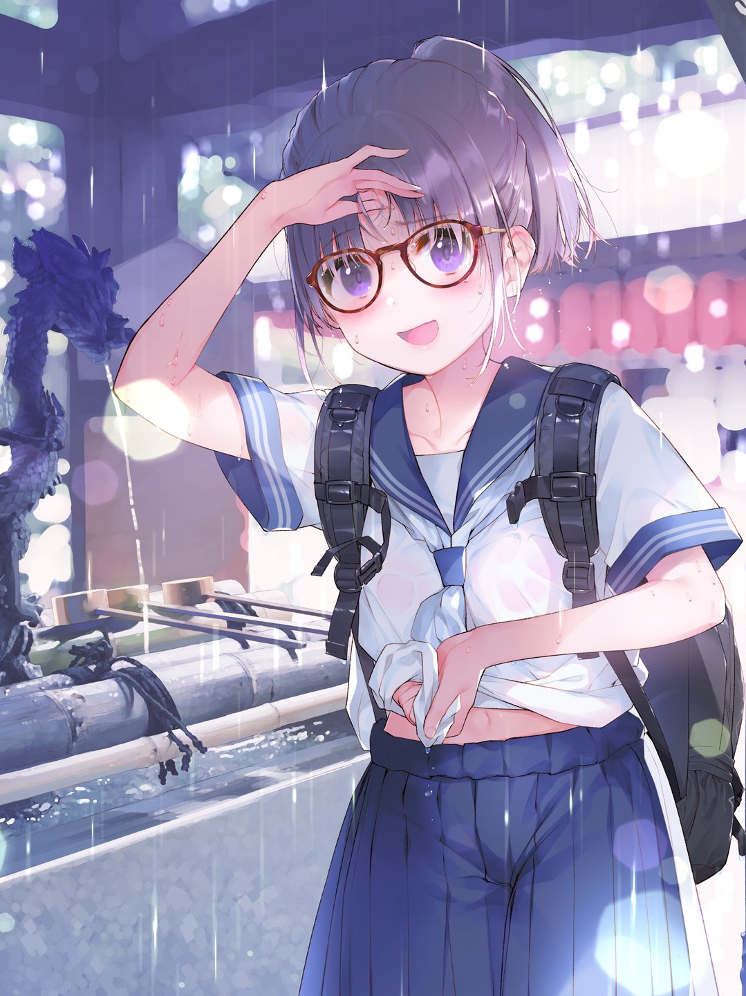 1girl :d arm_up backpack bag bangs blue_sailor_collar blue_skirt blush bra bra_through_clothes breasts collarbone commentary day eyebrows_visible_through_hair fuzuki_fuuro glasses hand_in_hair highres looking_at_viewer navel open_mouth original outdoors parted_bangs pleated_skirt ponytail purple_hair rain red-framed_eyewear red_bra sailor_collar school_uniform see-through serafuku shirt short_hair short_sleeves skirt small_breasts smile solo symbol_commentary underwear violet_eyes water wet wet_clothes wet_shirt white_neckwear white_shirt wide_sleeves wringing_clothes