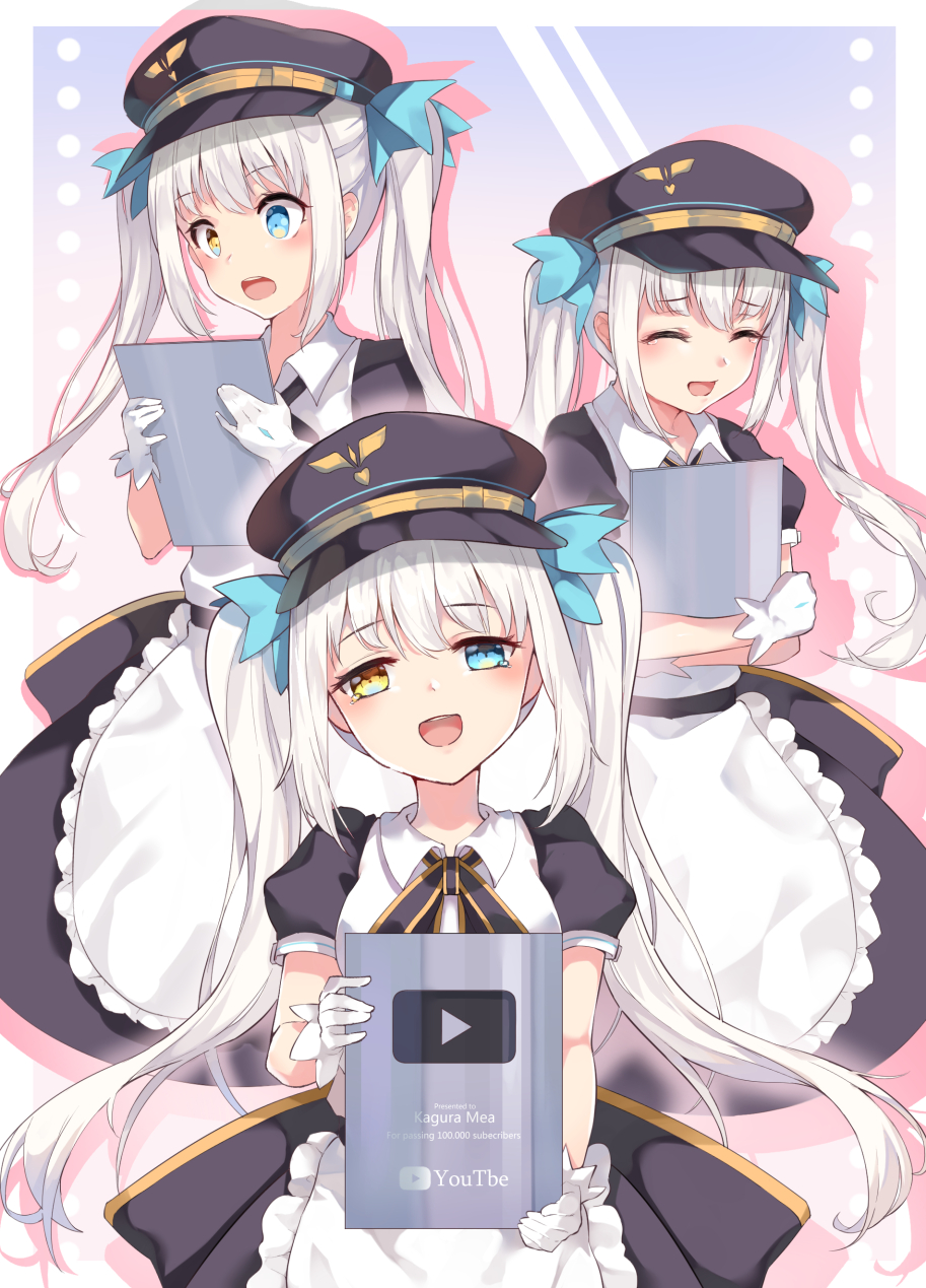 1girl :d apron bangs black_dress black_headwear blue_eyes blue_ribbon closed_eyes commentary_request dress eyebrows_visible_through_hair frilled_apron frills gloves hair_ribbon happy hat heterochromia highres holding kagura_mea kagura_mea_channel long_hair looking_at_viewer maid multiple_views open_mouth peaked_cap puffy_short_sleeves puffy_sleeves ribbon short_sleeves sidelocks smile snozaki surprised tears twintails typo very_long_hair virtual_youtuber white_apron white_gloves white_hair wing_collar yellow_eyes youtube youtube_logo