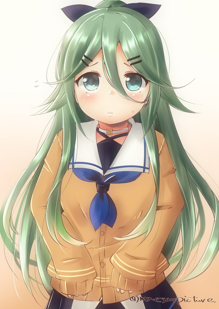 1girl artist_name bangs blue_neckwear collar commentary_request gradient gradient_background green_eyes green_hair hair_between_eyes kantai_collection long_hair long_sleeves looking_at_viewer mae_(maesanpicture) neckerchief parted_bangs sailor_collar sidelocks simple_background sleeves_past_fingers sleeves_past_wrists solo sweater white_background yamakaze_(kantai_collection) yellow_sweater