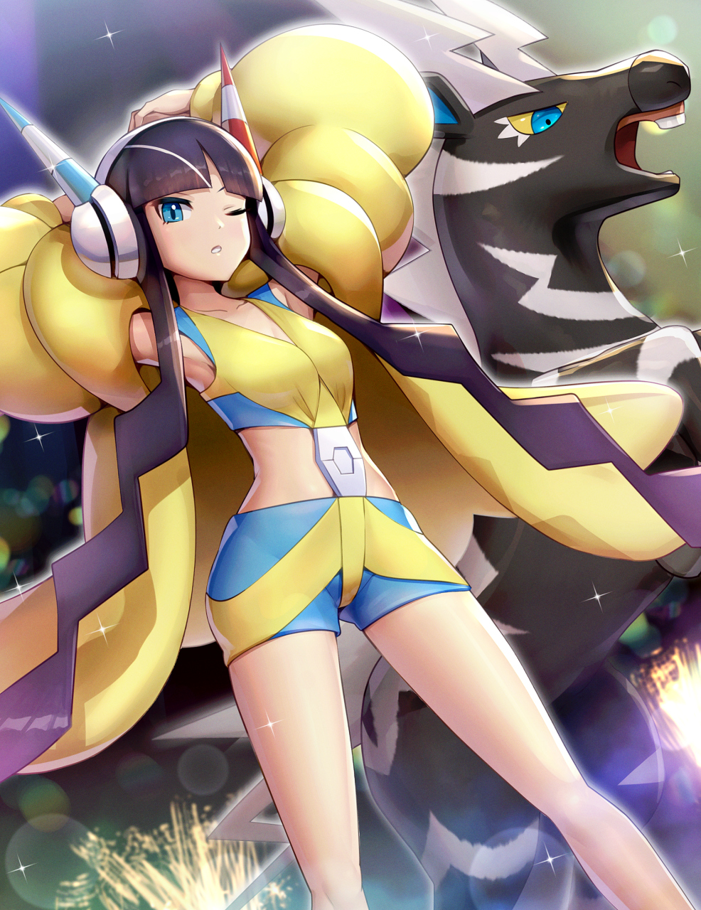 1girl armpits arms_behind_head arms_up black_hair blue_eyes breasts coat collarbone commentary_request dutch_angle gen_5_pokemon gonzarez gym_leader headphones highres kamitsure_(pokemon) long_hair long_sleeves looking_at_viewer midriff multicolored multicolored_clothes multicolored_shirt multicolored_shorts one_eye_closed open_mouth pokemon pokemon_(creature) pokemon_(game) pokemon_bw2 shiny shiny_skin shirt short_shorts shorts sleeveless sleeveless_shirt small_breasts sparkle teeth twintails very_long_hair yellow_coat yellow_sclera zebstrika