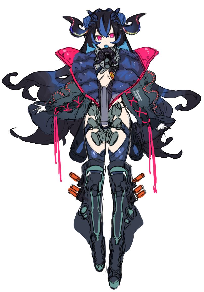 1girl black_hair blue_hair blue_tongue eyebrows_visible_through_hair hair_between_eyes headgear jacket long_hair multicolored multicolored_hair nishikikope open_mouth original pink_eyes red_eyes simple_background sketch solo tongue upper_teeth white_background