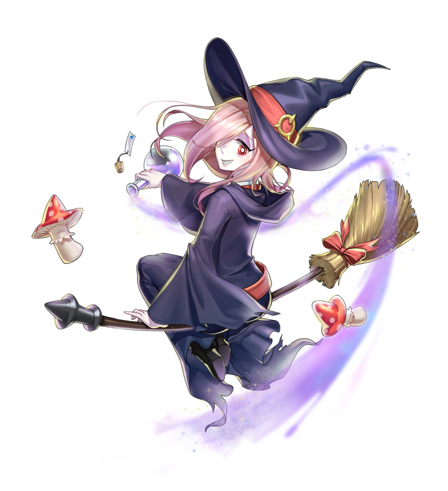 1girl blue_headwear bow broom broom_riding hair_over_one_eye hat little_witch_academia long_hair looking_at_viewer mushroom parted_lips pink_hair red_bow red_eyes sitting smile solo sseli sucy_manbavaran teeth witch_hat