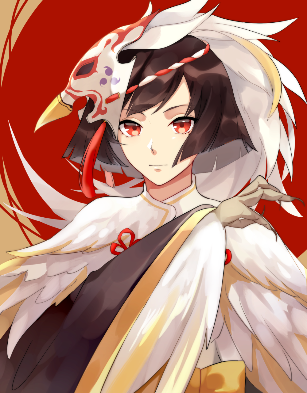 1girl brown_hair closed_mouth highres kagura_(onmyoji) looking_at_viewer mask mask_on_head onmyoji red_eyes short_hair solo tiyi_(tiyi_a09) upper_body wings