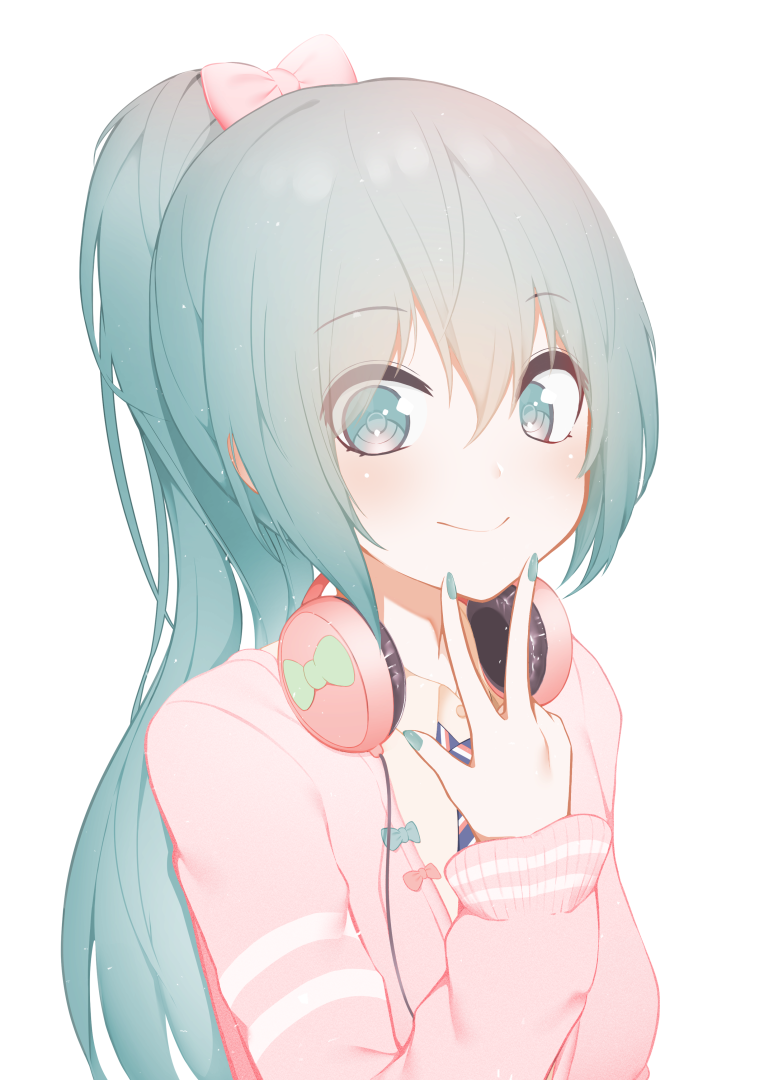 1girl aqua_eyes aqua_hair aqua_nails beige_shirt bow bow_print cable finger_to_chin giryu hair_bow hand_up hatsune_miku headphones headphones_around_neck jacket looking_at_viewer nail_polish pink_hair pink_jacket ponytail project_diva_(series) ribbon_girl_(module) smile solo upper_body vocaloid w white_background