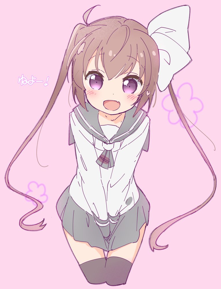 1girl :d bangs between_legs black_legwear blush bow brown_hair cropped_legs eyebrows_visible_through_hair fang floral_background grey_sailor_collar grey_skirt hair_between_eyes hair_bow hand_between_legs jigatei_(omijin) long_hair long_sleeves looking_at_viewer momochi_tamate open_mouth pink_background pleated_skirt sailor_collar shirt skirt slow_start smile solo thigh-highs translation_request twintails very_long_hair violet_eyes white_bow white_shirt