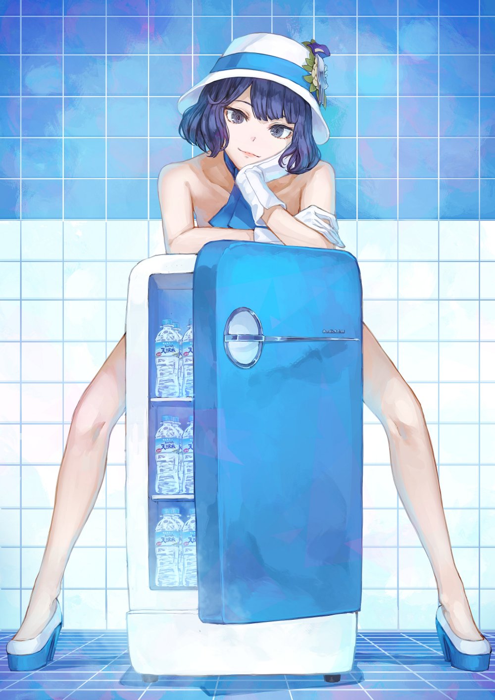 1girl blue_hair blue_theme bottle chin_rest covering gloves hat head_rest high_heels highres leaning_forward looking_at_viewer minifridge neckerchief nude nude_cover platform_footwear platform_heels refrigerator short_hair solo standing suntory suntory_nomu tile_floor tile_wall tiles water_bottle white_gloves yasukura_(shibu11)