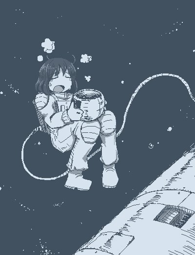 1girl astronaut astronaut_helmet bangs blue_theme closed_eyes floating hamsterfragment headwear_removed helmet helmet_removed medium_hair monochrome open_mouth original solo space space_craft spacesuit spacewalk sweatdrop zero_gravity