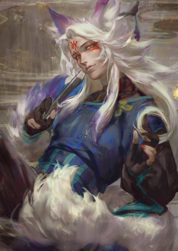 1boy animal_ears black_gloves cat_ears closed_mouth facial_mark fan gloves hangleing holding holding_fan japanese_clothes long_hair long_sleeves looking_at_viewer makeup male_focus multiple_tails nail_polish onmyoji red_nails solo tail white_hair youko_(onmyoji)
