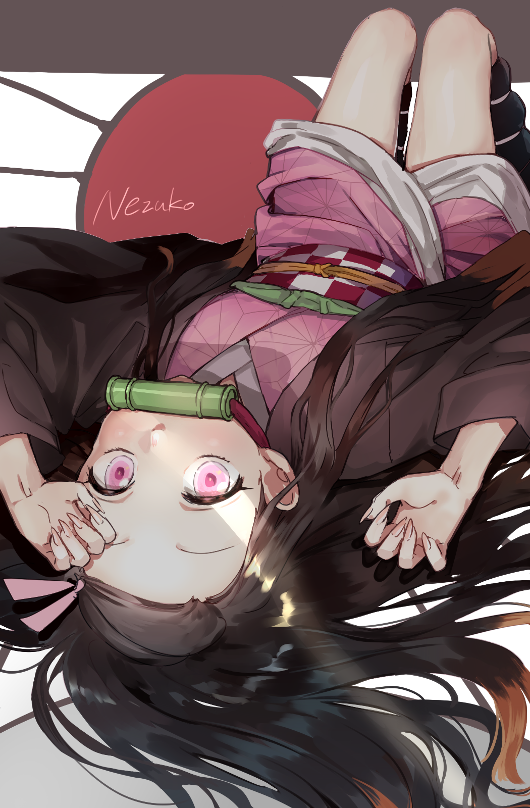 1girl arms_up bamboo bit_gag black_hair black_legwear brown_hair character_name checkered commentary_request fingernails forehead gag gradient_hair hair_ribbon highres japanese_clothes kamado_nezuko kimetsu_no_yaiba kimono knees_up long_fingernails long_hair long_sleeves looking_at_viewer mouth_hold multicolored_hair obi open_clothes pink_eyes pink_kimono pink_ribbon pomu ribbon sash sharp_fingernails solo wide_sleeves