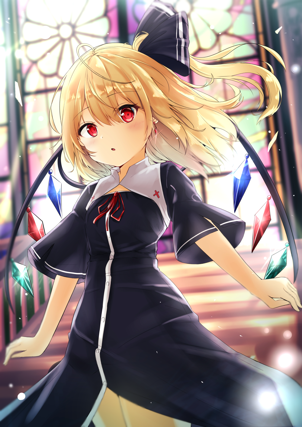 1girl ahoge alternate_costume bangs black_dress black_ribbon blonde_hair blurry blurry_background blush commentary_request cowboy_shot cross crystal depth_of_field dress earrings eyebrows_visible_through_hair flandre_scarlet habit hair_ribbon highres indoors jewelry light_particles light_rays long_hair looking_at_viewer medium_hair neck_ribbon no_hat no_headwear one_side_up open_mouth parted_lips partial_commentary red_cross red_eyes red_ribbon renka_(cloudsaikou) ribbon short_sleeves solo stained_glass stairs standing sunbeam sunlight touhou wide_sleeves wings