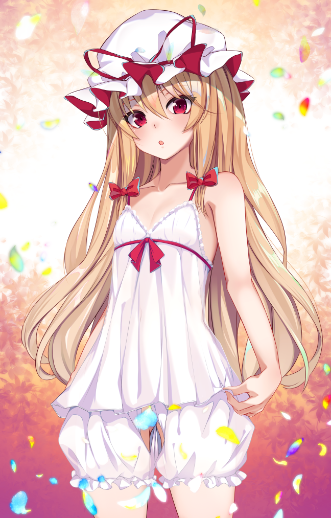 1girl :o alternate_costume alternate_eye_color bangs bare_arms bare_shoulders blonde_hair bloomers blush bow chemise collarbone commentary_request cowboy_shot eyebrows_visible_through_hair flat_chest hair_between_eyes hair_bow hat hat_ribbon long_hair mob_cap paburisiyasu parted_lips petals red_bow red_eyes red_ribbon ribbon solo spaghetti_strap standing touhou underwear very_long_hair white_bloomers white_headwear yakumo_yukari younger