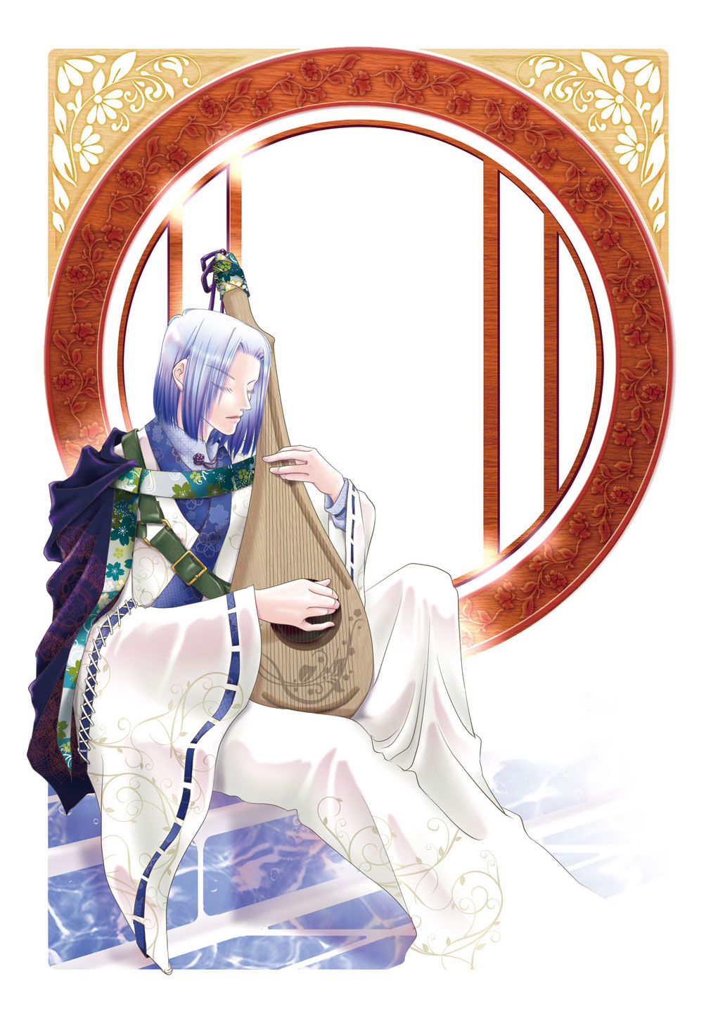 1boy blue_hair blue_ribbon closed_eyes ferdinand_(honzuki_no_gekokujou) highres honzuki_no_gekokujou instrument lute_(instrument) male_focus medium_hair mizu_umimiya music playing_instrument ribbon ribbon-trimmed_sleeves ribbon_trim sitting solo wide_sleeves