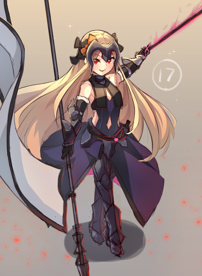 1girl abigail_williams_(fate/grand_order) armor armored_boots armored_dress bangs bare_shoulders black_bow blonde_hair boots bow brown_background commentary cosplay dress english_commentary eyebrows_visible_through_hair fate/grand_order fate_(series) flag full_body gauntlets hair_bow headpiece holding holding_flag jeanne_d'arc_(alter)_(fate) jeanne_d'arc_(alter)_(fate)_(cosplay) jeanne_d'arc_(fate)_(all) long_hair looking_at_viewer miya_(pixiv15283026) orange_bow outstretched_arm parted_lips purple_dress red_eyes shadow sleeveless sleeveless_dress smile solo sparkle standard_bearer standing v-shaped_eyebrows very_long_hair white_flag
