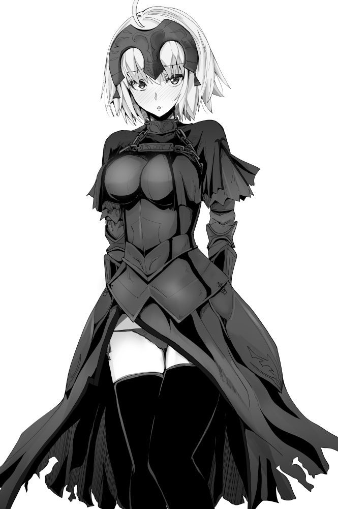 1girl ahoge arms_behind_back blush capelet fate/grand_order fate_(series) greyscale hair_between_eyes headpiece jeanne_d'arc_(alter)_(fate) jeanne_d'arc_(fate)_(all) looking_at_viewer monochrome panties rikudou_inuhiko short_hair side-tie_panties solo thigh-highs thighs underwear white_background