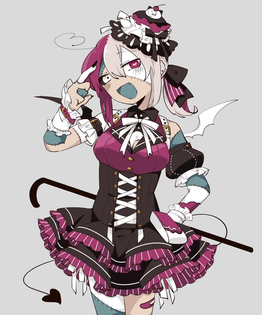 1girl bandaid bandaid_on_leg belt black_sclera blush cane cowboy_shot demon_tail demon_wings detached_sleeves dress earrings frilled_dress frills gothic_lolita grey_background grey_hair head_tilt headwear heart heart-shaped_pupils highres holding_cane index_finger_raised jewelry lolita_fashion looking_at_viewer mismatched_sclera multicolored_hair muratake_oumu open_mouth original patchwork_skin pouch puffy_detached_sleeves puffy_sleeves purple_hair short_hair simple_background solo standing stitches stud_earrings symbol-shaped_pupils tail two-tone_hair violet_eyes white_eyes white_neckwear wings zombie
