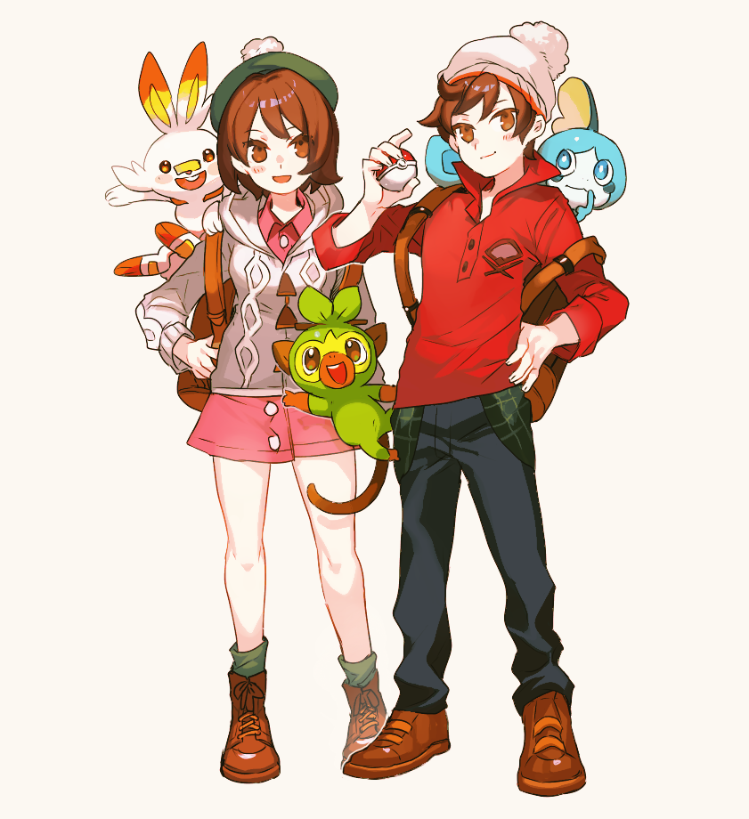 1boy 1girl backpack bag bangs beanie beret black_pants blue_eyes blush blush_stickers breasts brown_eyes brown_footwear brown_hair closed_mouth creatures_(company) dress female_protagonist_(pokemon_swsh) full_body game_freak gen_8_pokemon green_headwear green_legwear grey_cardigan grookey hand_on_hip hand_up happy hat holding holding_poke_ball long_sleeves looking_at_viewer male_protagonist_(pokemon_swsh) matching_hair/eyes newo_(shinra-p) nintendo open_mouth orange_eyes pants pink_dress poke_ball poke_ball_(generic) pokemon pokemon_(creature) red_shirt scorbunny shiny shiny_hair shirt shoes short_hair simple_background small_breasts smile sobble socks standing teeth white_background white_headwear