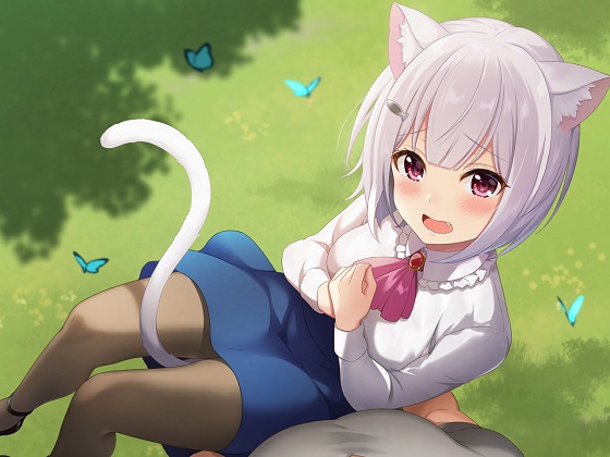 1boy 1girl animal_ears azuki_yui between_legs blue_butterfly blue_skirt blush brown_legwear bug butterfly cat_ears cat_girl cat_tail day fang grass hair_ornament hairclip holding insect long_sleeves looking_at_viewer official_art outdoors pantyhose sample shirt short_hair silver_hair skirt smile tail tail_between_legs white_shirt