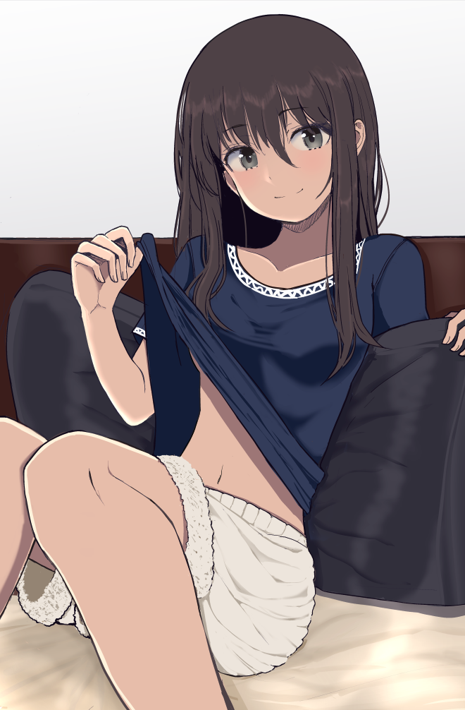 1girl bangs black_hair blue_shirt blush breasts closed_mouth collarbone commentary_request eyebrows_visible_through_hair fur-trimmed_shorts grey_background grey_eyes hair_between_eyes hand_up hinomaru_(futagun) knees_up lifted_by_self long_hair navel original pillow shirt shirt_lift short_sleeves shorts sitting small_breasts smile solo white_shorts