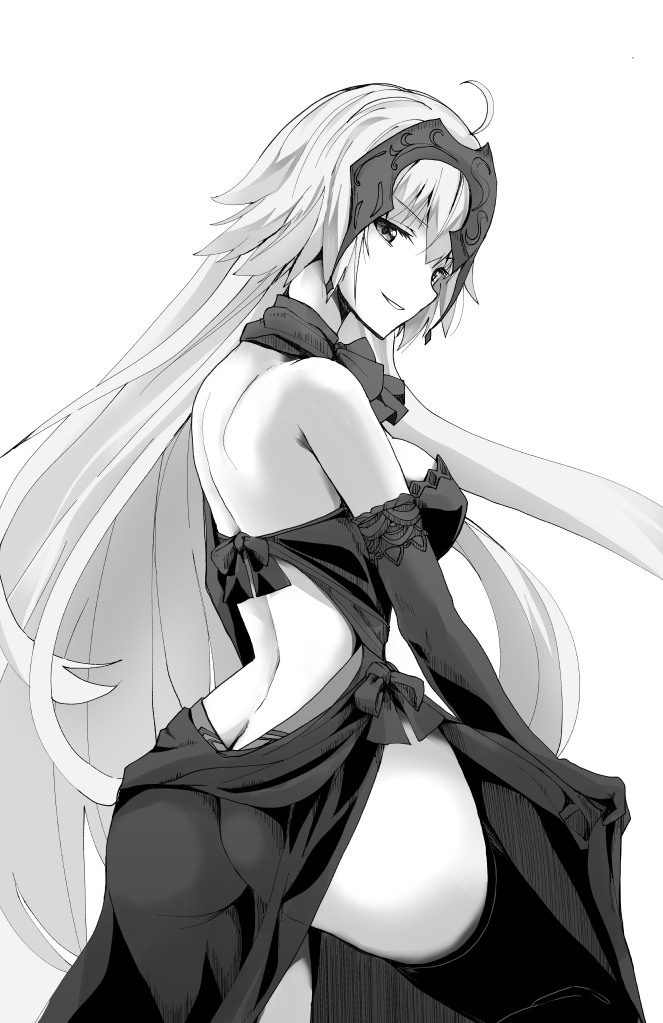 1girl ahoge bare_shoulders black_legwear breasts butt_crack elbow_gloves fate/grand_order fate_(series) gloves headpiece jeanne_d'arc_(alter)_(fate) jeanne_d'arc_(fate)_(all) long_hair looking_at_viewer medium_breasts rikudou_inuhiko sideboob smile solo thigh-highs thighs very_long_hair white_background