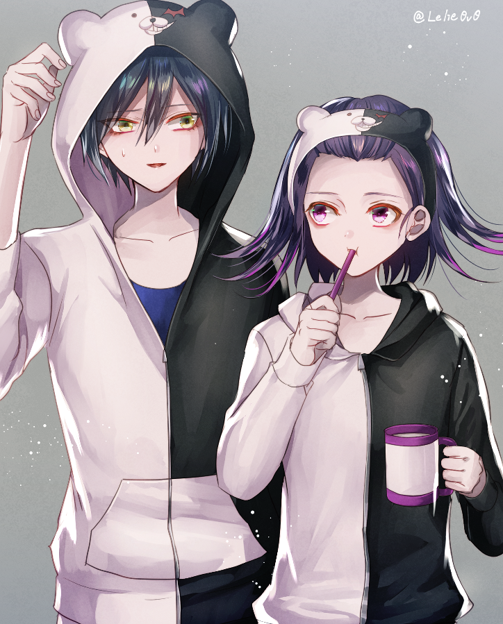 2boys alternate_costume artist_name bangs black_hair black_jacket blue_shirt collarbone commentary_request cup dangan_ronpa eye_contact grey_background hair_between_eyes hair_ornament holding holding_cup hood hood_down hood_up hooded_jacket hoodie jacket long_sleeves looking_at_another medium_hair monokuma multiple_boys new_dangan_ronpa_v3 ouma_kokichi purple_hair saihara_shuuichi shirt short_hair toothbrush two-tone_jacket violet_eyes white_jacket yellow_eyes z-epto_(chat-noir86)