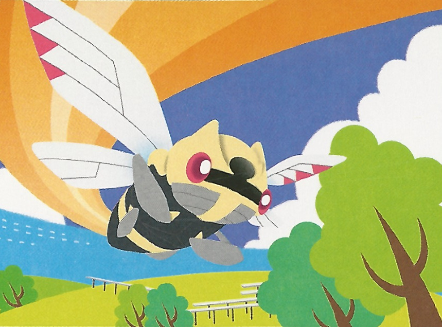 blue_sky bug clouds cloudy_sky creature flying full_body gen_3_pokemon kizuki_sumiyoshi ninjask no_humans official_art pokemon pokemon_(creature) pokemon_trading_card_game red_eyes sky solo third-party_source tree