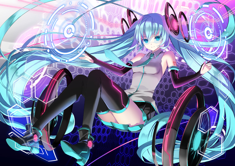 1girl bare_shoulders black_footwear black_gloves black_legwear black_skirt blue_eyes blue_hair blue_neckwear boots breasts closed_mouth collared_shirt commentary_request elbow_gloves full_body gloves goggles grey_shirt hatsune_miku headgear hexagon long_hair looking_at_viewer necktie official_art partly_fingerless_gloves pleated_skirt shirt shoe_soles skirt sleeveless sleeveless_shirt small_breasts smile solo thigh-highs thighhighs_under_boots twintails very_long_hair vocaloid yuuki_kira