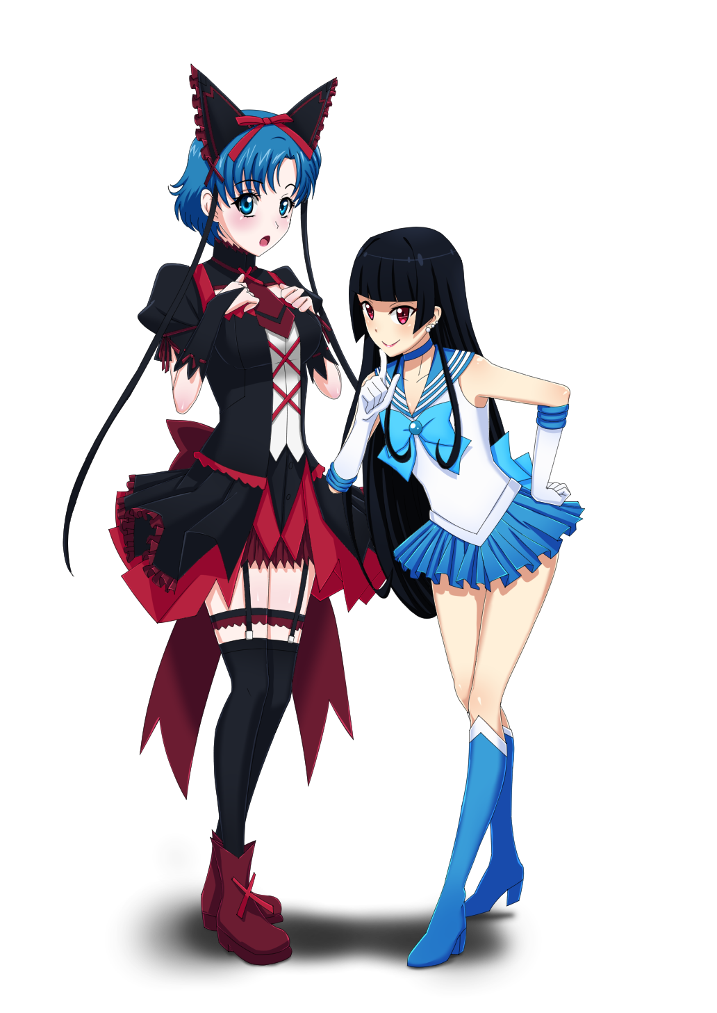 2girls :o bangs bishoujo_senshi_sailor_moon black_bow black_hair black_legwear black_skirt blue_bow blue_eyes blue_footwear blue_hair blue_skirt blunt_bangs boots bow breasts bridal_gauntlets cosplay costume_switch elbow_gloves flat_chest garter_straps gate_-_jieitai_ka_no_chi_nite_kaku_tatakaeri gloves hair_bow hair_ornament hand_on_hip highres hydragyrum index_finger_raised medium_breasts multiple_girls namesake puffy_short_sleeves puffy_sleeves red_eyes red_footwear red_ribbon ribbon rory_mercury sailor_mercury school_uniform serafuku short_sleeves skirt sleeveless standing transparent_background white_gloves x_hair_ornament