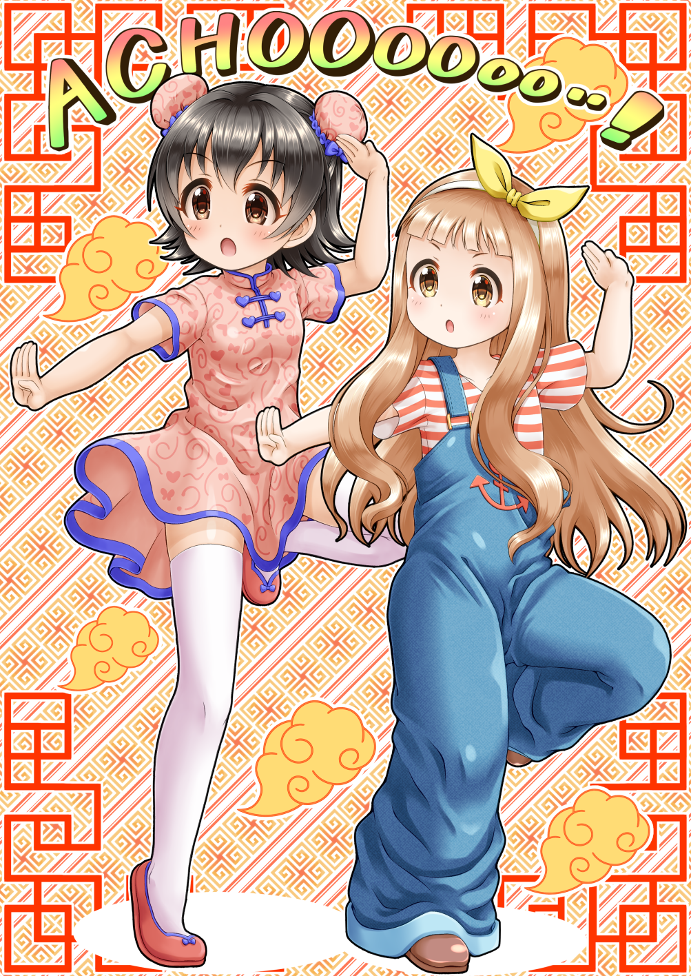 2girls :o akagi_miria arm_up bangs black_hair blush brown_dress brown_eyes brown_footwear brown_hair bun_cover china_dress chinese_clothes collarbone commentary_request double_bun dress eyebrows_visible_through_hair hair_between_eyes highres ichihara_nina idolmaster idolmaster_cinderella_girls long_hair multiple_girls open_mouth outstretched_arm overalls parted_lips regular_mow shirt shoes short_sleeves smoke standing standing_on_one_leg striped striped_shirt thigh-highs v-shaped_eyebrows very_long_hair white_legwear