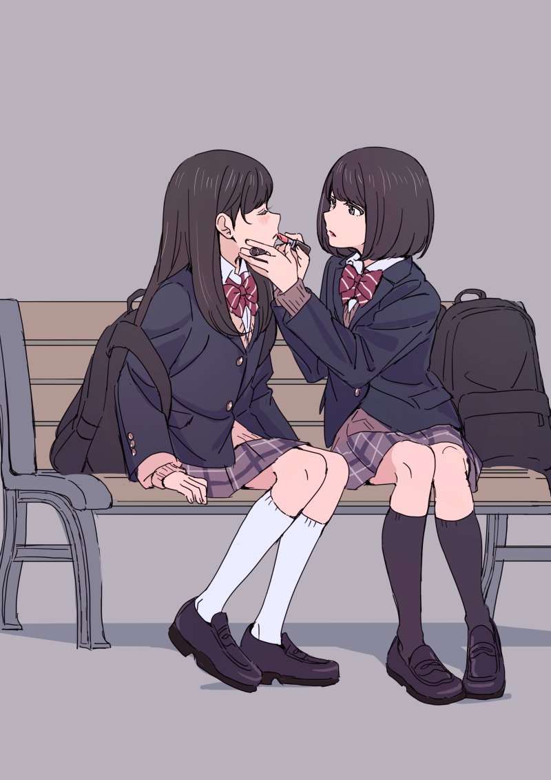 2girls applying_makeup backpack bag bench blazer brown_hair commentary_request grey_background jacket lipstick_tube loafers long_hair multiple_girls original plaid plaid_skirt school_uniform shoes short_hair simple_background sitting skirt socks ukiashi