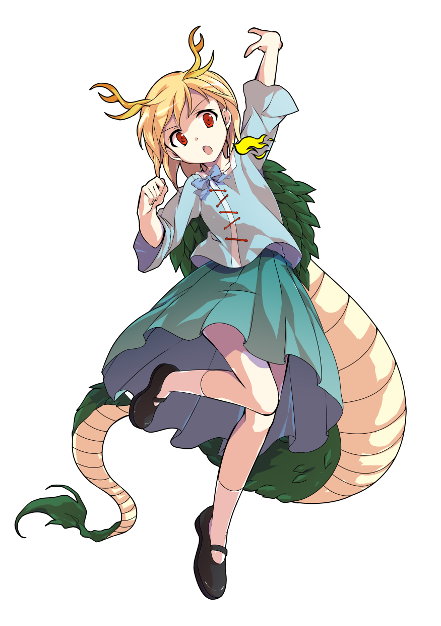1girl alphes_(style) aqua_skirt arm_up black_footwear blonde_hair blue_bow blue_shirt bow collarbone dairi dragon_girl dragon_tail fighting_stance full_body highres kicchou_yachie looking_at_viewer mary_janes medium_skirt open_mouth parody red_eyes shirt shoes short_hair skirt socks solo standing standing_on_one_leg style_parody tachi-e tail touhou transparent_background turtle_shell white_legwear