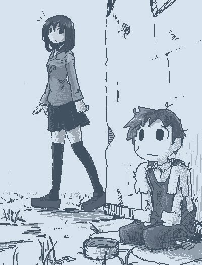 1boy 1girl begging black_hair black_legwear black_skirt blue_theme full_body grass hamsterfragment long_sleeves medium_hair monochrome original outdoors overalls shoes short_sleeves sitting skirt thigh-highs torn_clothes torn_sleeves walking