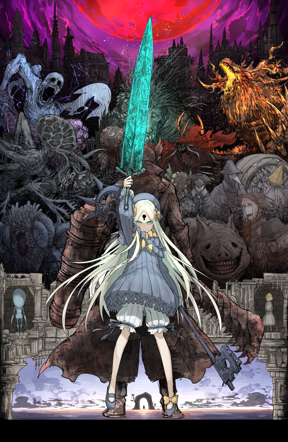 abigail_williams_(fate/grand_order) amygdala arm_up back-to-back blood-starved_beast bloodborne bow cannon city crossover ebrietas_daughter_of_the_cosmos eileen_the_crow fate/grand_order fate_(series) gehrman_the_first_hunter glowing glowing_weapon greatsword hair_bow hat highres holding holding_weapon holy_moonlight_sword hunter_(bloodborne) kan_(aaaaari35) key laurence_the_first_vicar looking_at_viewer ludwig_the_accursed moon night night_sky orphan_of_kos plain_doll red_moon saw_cleaver sky smile the_old_hunters tricorne weapon