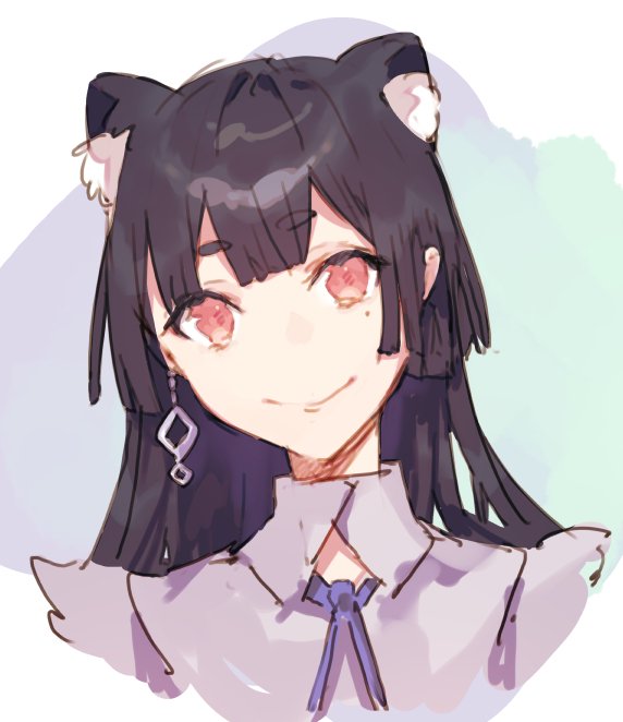 1girl animal_ears black_hair blue_ribbon cat_ears closed_mouth earrings eyebrows_visible_through_hair face fifuth jewelry mole mole_under_eye original red_eyes ribbon short_eyebrows sketch smile solo