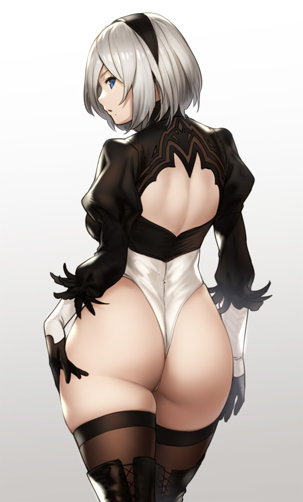 1girl ass back back_cutout bangs black_dress black_hairband black_legwear blue_eyes blush breasts commentary dress feather-trimmed_sleeves gradient gradient_background hairband highleg highleg_leotard highres houtengeki juliet_sleeves large_breasts leotard long_sleeves looking_at_viewer looking_back mole mole_under_mouth nier_(series) nier_automata open_mouth puffy_sleeves short_hair silver_hair solo thigh-highs white_background white_leotard yorha_no._2_type_b