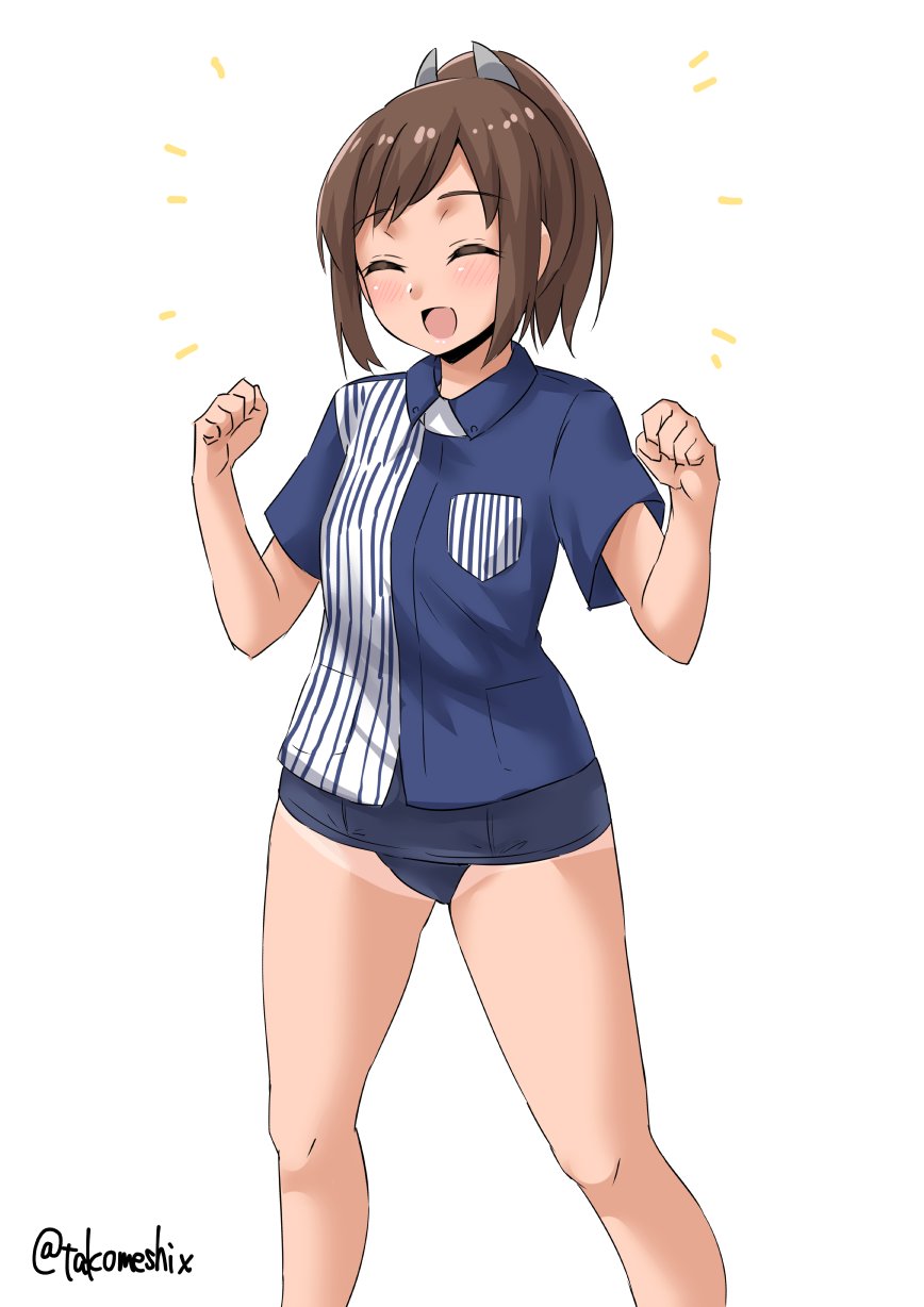 1girl blue_swimsuit brown_hair closed_eyes employee_uniform feet_out_of_frame hair_ornament hairclip highres i-401_(kantai_collection) kantai_collection lawson ponytail sailor_collar school_swimsuit shirt short_hair short_ponytail smile solo standing striped striped_shirt swimsuit swimsuit_under_clothes takomeshi twitter_username uniform white_background