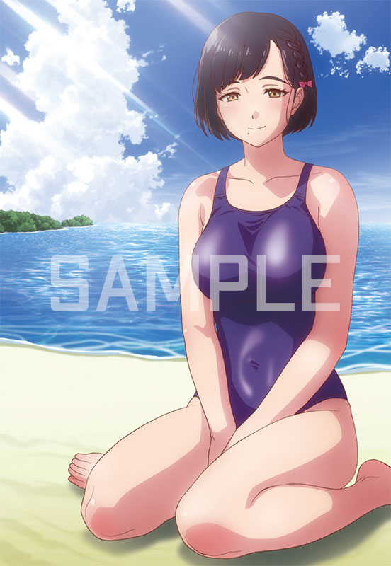 1girl breasts brown_eyes closed_mouth clouds cloudy_sky kanata_no_astra large_breasts mole ocean official_art school_swimsuit sky smile swimsuit water watermark yunhua_lu