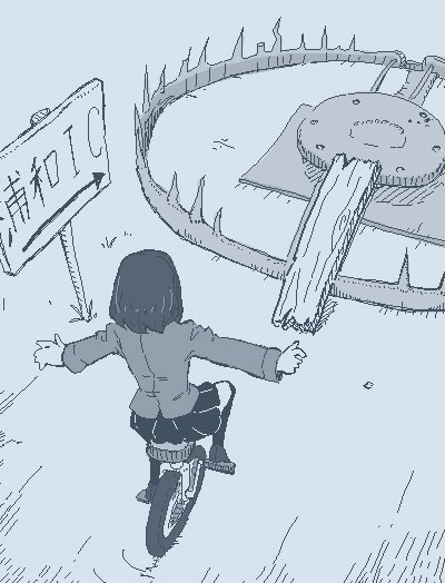 1girl arrow black_skirt blue_theme foothold_trap from_behind hamsterfragment long_sleeves medium_hair monochrome original outstretched_arms oversized_object plank pleated_skirt sign skirt solo suicidal_girl_(hamsterfragment) unicycle