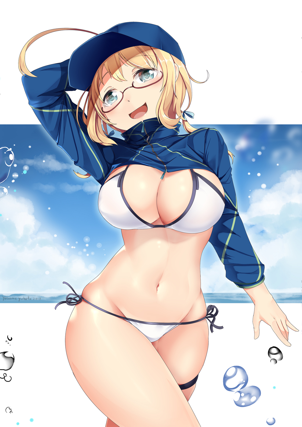 1girl ahoge alternate_costume artoria_pendragon_(all) baseball_cap bikini blonde_hair blue_eyes blue_headwear blue_jacket breasts commentary_request cosplay cowboy_shot cropped_jacket fate/grand_order fate_(series) glasses hair_through_headwear hat highres i-8_(kantai_collection) jacket kantai_collection large_breasts low_twintails mysterious_heroine_xx_(foreigner) mysterious_heroine_xx_(foreigner)_(cosplay) navel red-framed_eyewear semi-rimless_eyewear shrug_(clothing) side-tie_bikini solo standing swimsuit thigh_strap twintails under-rim_eyewear white_bikini yasume_yukito zipper_pull_tab