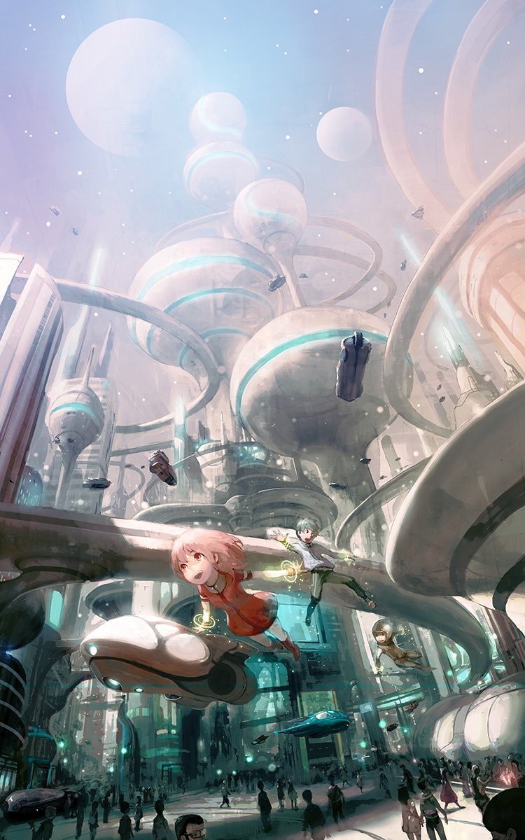 1girl 2boys commentary crowd dress flying highres moon multiple_boys pink_hair red_dress saitou_shunsuke science_fiction sky space_craft star_(sky) starry_sky