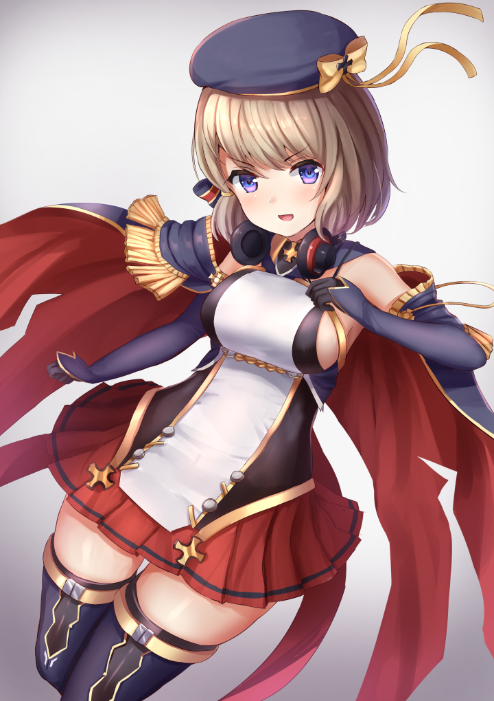 1girl azur_lane bangs beret blonde_hair breasts cape commentary elbow_gloves gloves hat hat_ribbon headphones headphones_around_neck iron_cross looking_at_viewer manda_(manda9n) medium_breasts open_mouth pleated_skirt red_skirt retrofit_(azur_lane) ribbon short_hair skirt sleeveless smile solo thigh-highs thigh_gap violet_eyes yellow_ribbon z23_(azur_lane)