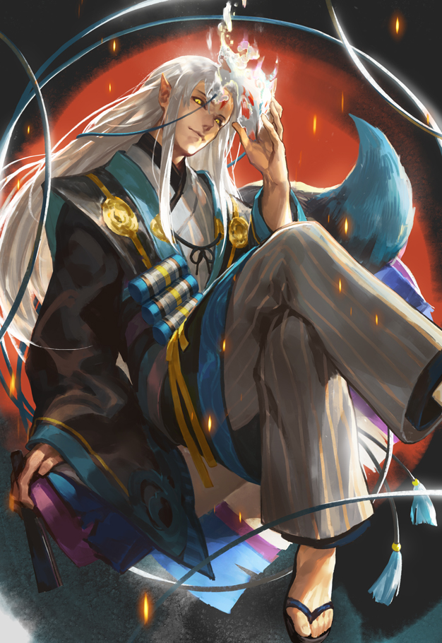 1boy closed_mouth hangleing japanese_clothes long_hair looking_at_viewer male_focus onmyoji pointy_ears solo tail white_hair yellow_eyes youko_(onmyoji)