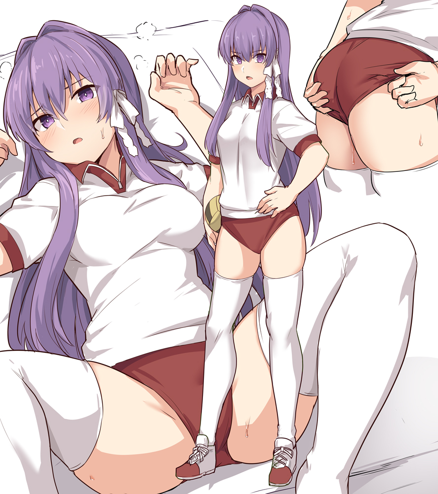 1girl adjusting_buruma adjusting_clothes ass bangs blush breasts buruma clannad commentary_request eyebrows_visible_through_hair fujibayashi_kyou gym_uniform hair_ribbon large_breasts long_hair lying multiple_views on_back purple_hair red_buruma red_shorts ribbon shirt shiseki_hirame shoes shorts sportswear spread_legs thigh-highs very_long_hair violet_eyes white_legwear white_ribbon white_shirt