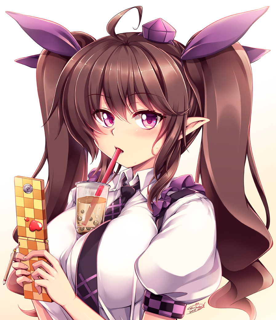 1girl ahoge bangs beige_background black_neckwear blush breasts brown_hair bubble_tea bubble_tea_challenge cellphone checkered commentary_request cup disposable_cup drinking_straw eyebrows_visible_through_hair frilled_shirt_collar frills gradient gradient_background hair_between_eyes hair_ribbon hat himekaidou_hatate holding holding_phone large_breasts long_hair looking_at_viewer necktie phone pointy_ears puffy_short_sleeves puffy_sleeves purple_ribbon ribbon shirt short_sleeves signature solo tokin_hat touhou twintails upper_body violet_eyes white_background white_shirt windart wing_collar