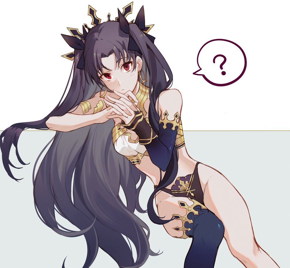 1girl ? asymmetrical_legwear asymmetrical_sleeves black_bow black_hair black_ribbon blush bow breasts bridal_gauntlets closed_mouth commentary_request crown csyko earrings elbow_gloves eyebrows_visible_through_hair fate/grand_order fate_(series) gloves hair_bow hair_ornament hair_ribbon hoop_earrings ishtar_(fate/grand_order) jewelry long_hair looking_at_viewer red_eyes ribbon simple_background small_breasts solo toosaka_rin twintails very_long_hair