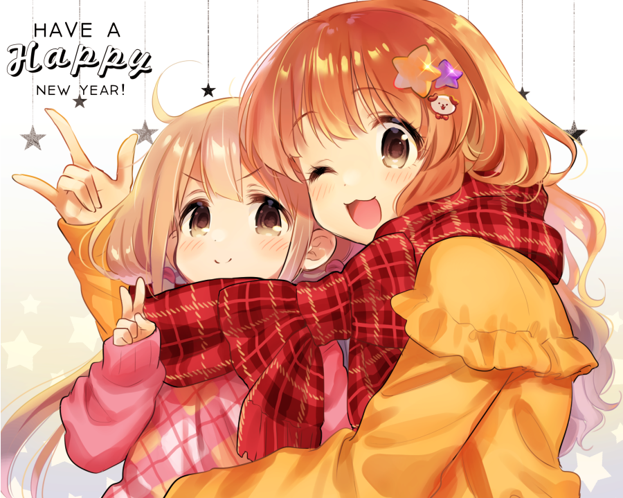 &gt;:) 2girls :3 \m/ blonde_hair blue21 blush bow brown_eyes capelet closed_mouth eyebrows_visible_through_hair futaba_anzu hair_ornament happy_new_year idolmaster idolmaster_cinderella_girls large_bow light_brown_hair long_hair long_sleeves looking_at_viewer moroboshi_kirari multiple_girls new_year one_eye_closed open_mouth pink_sweater plaid pose smile star star_hair_ornament star_print sweater upper_body v white_background