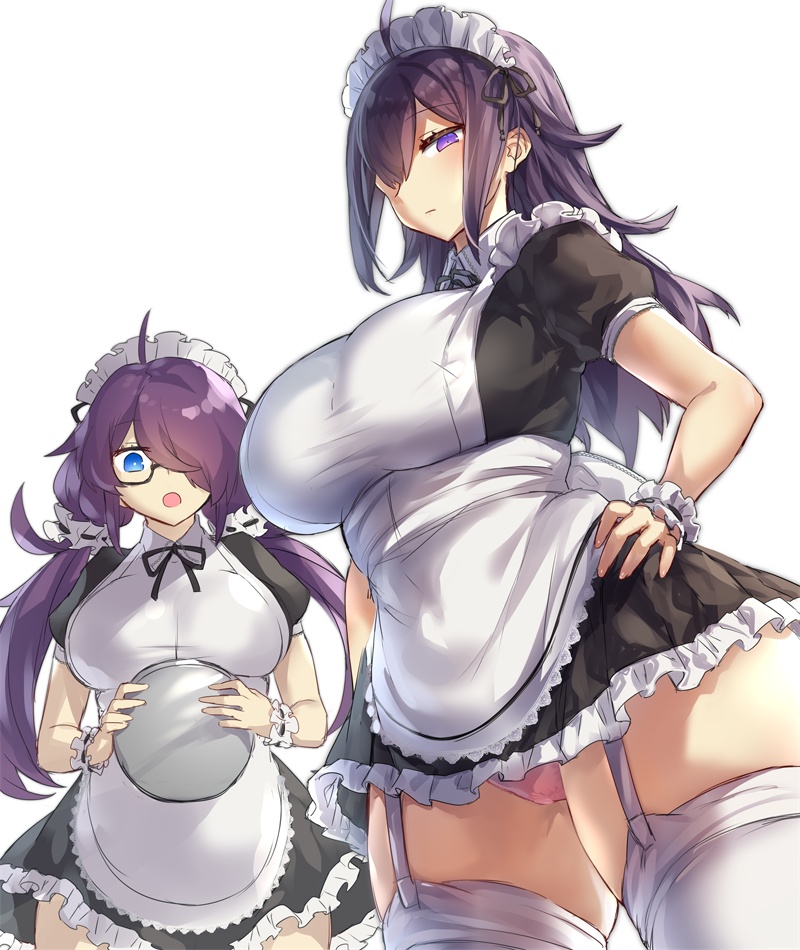 2girls apron black_ribbon blue_eyes blush breasts closed_mouth dress eyebrows_visible_through_hair frilled_dress frills glasses hair_between_eyes large_breasts long_hair looking_at_viewer maid maid_apron maid_headdress multiple_girls neck_ribbon open_mouth original panties pantyshot pink_panties puffy_sleeves purple_hair ribbon semi-rimless_eyewear sidelocks simple_background thigh-highs twintails under-rim_eyewear underwear violet_eyes waist_apron white_apron white_background white_legwear