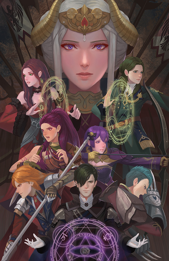 4boys 4girls armor arrow bernadetta_von_varley black_hair blue_hair bow bow_(weapon) braid brown_gloves brown_hair cape caspar_von_bergliez claw_(weapon) cravat detached_sleeves dorothea_arnault earrings edelgard_von_hresvelg ferdinand_von_aegir fire_emblem fire_emblem:_three_houses flag gloves green_hair hair_bow hair_over_one_eye hubert_von_vestra jewelry linhardt_von_hevring long_hair looking_at_viewer magic_circle multiple_boys multiple_girls open_mouth orange_hair parted_lips petra_macneary polearm purple_hair serious short_hair short_sword silver_hair smile spear sword tiara weapon white_gloves yagaminoue