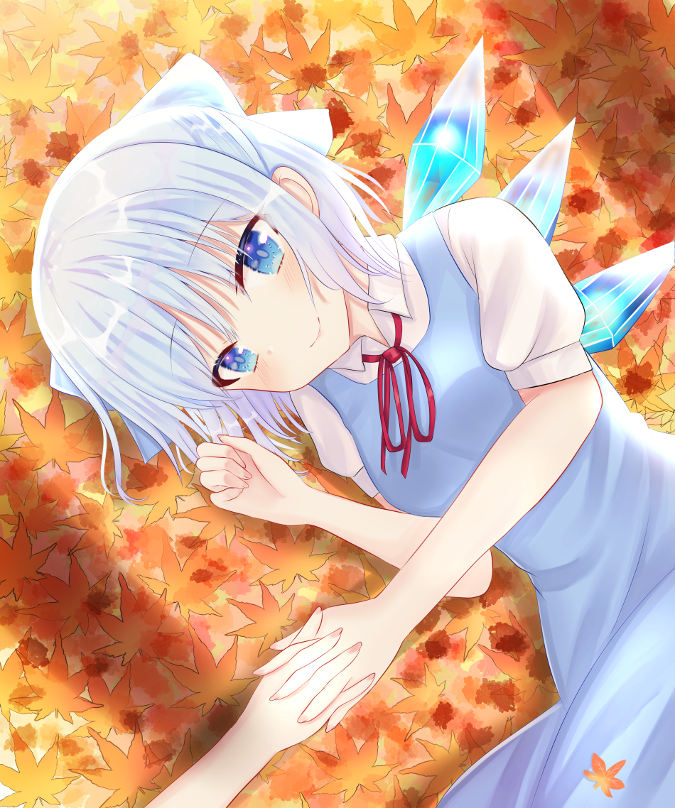 1girl autumn_leaves bangs blue_dress blue_eyes blue_hair blush breasts cirno commentary_request cowboy_shot dress eyebrows_visible_through_hair hair_ribbon head_tilt holding_hands interlocked_fingers leaf looking_at_viewer lying maple_leaf nibosisuzu on_ground on_side partial_commentary pinafore_dress pov pov_hands puffy_short_sleeves puffy_sleeves red_neckwear red_ribbon ribbon shirt short_hair short_sleeves small_breasts smile solo touhou white_shirt