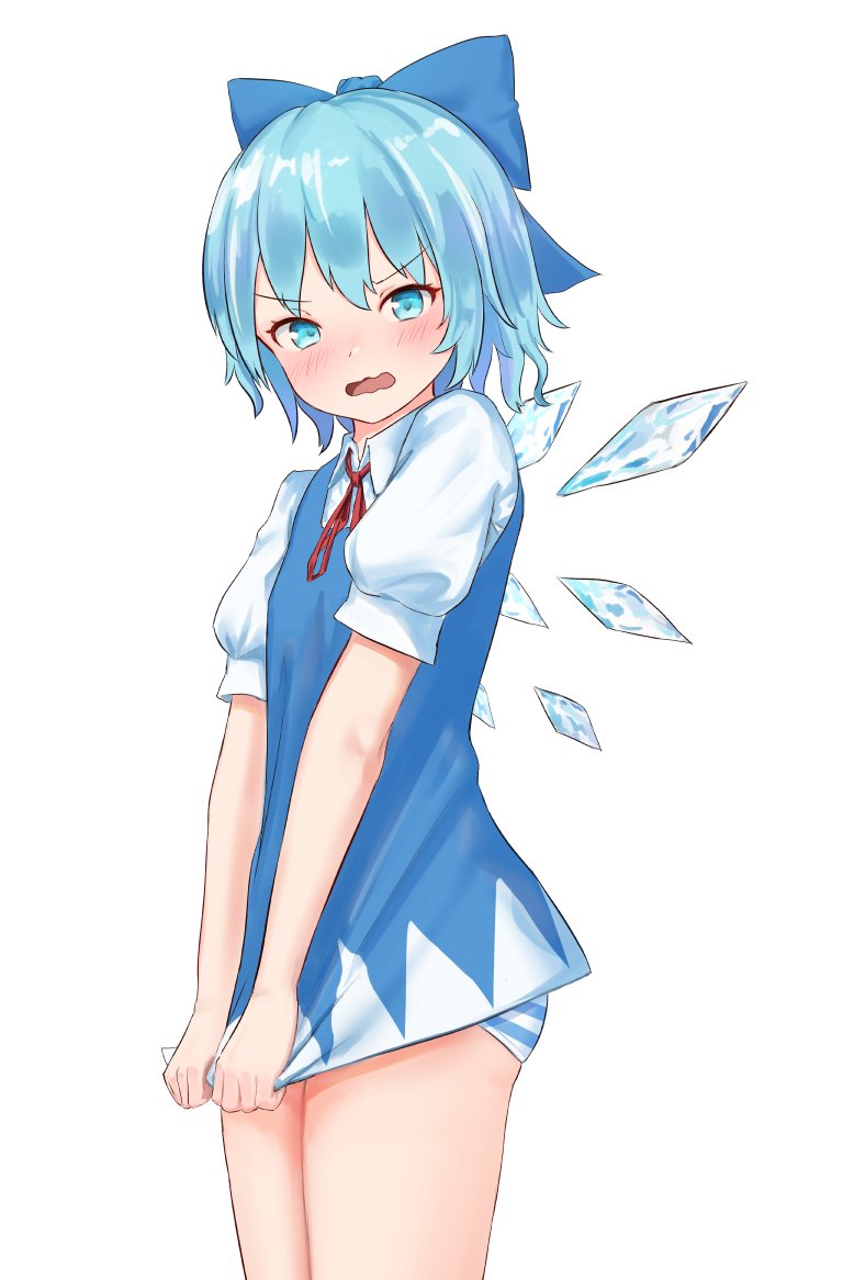 1girl bangs blue_bow blue_dress blue_eyes blue_hair blue_panties blush bow cirno commentary cowboy_shot dress dress_tug eyebrows_visible_through_hair hair_bow ice ice_wings looking_at_viewer neck_ribbon open_mouth panties pinafore_dress puffy_short_sleeves puffy_sleeves red_neckwear red_ribbon ribbon roke_(taikodon) shirt short_dress short_hair short_sleeves simple_background solo standing striped striped_panties thighs touhou underwear white_background white_shirt wings